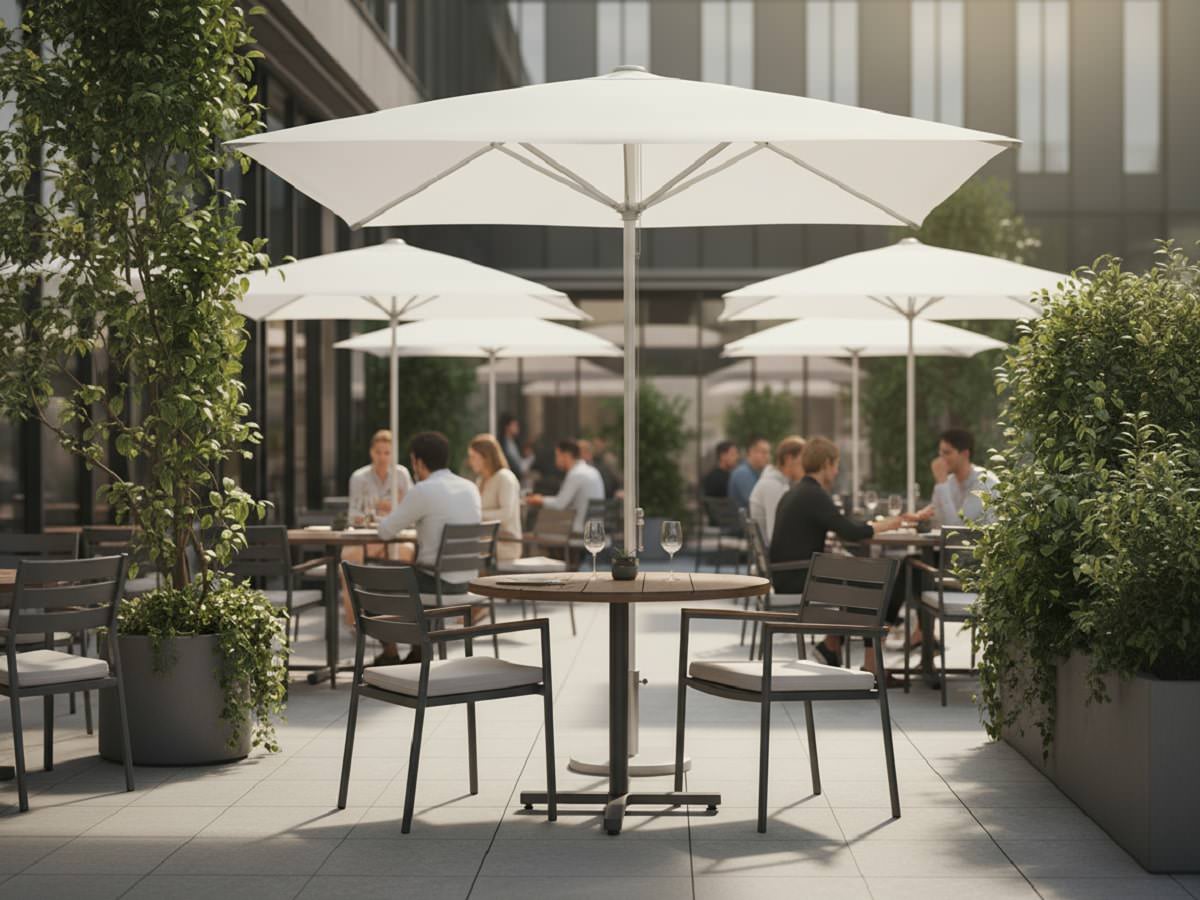 Gasto-Line Seilzugsonnenschirme Beschatten eine Gastro-Terasse