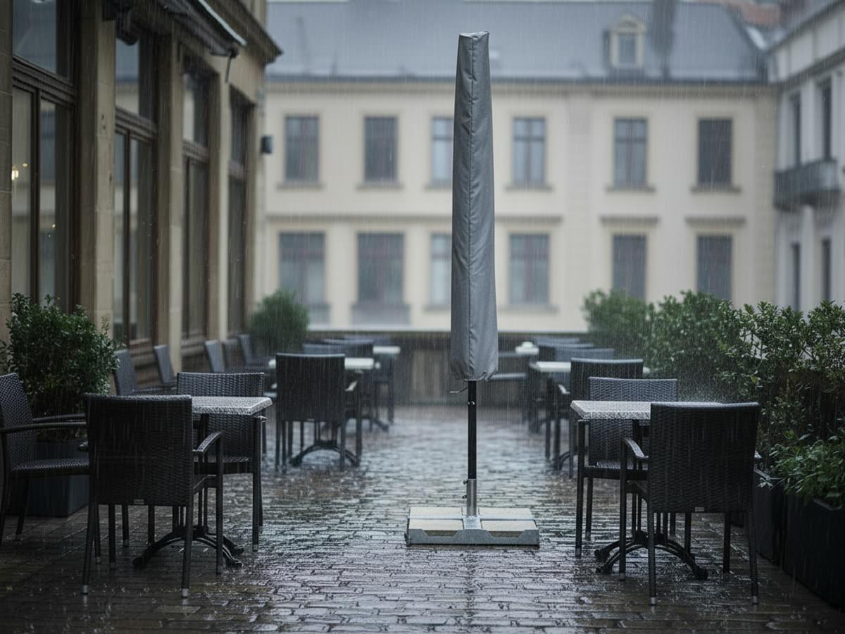 Ein von einer Schutzhülle geschützter Multy-Line Sonnenschirm im Starkregen