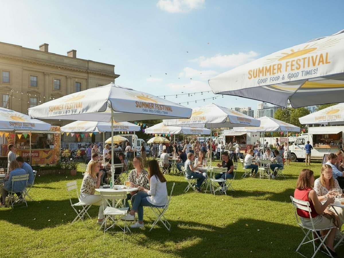 Viele Werbe-Line Sonnenschirme auf einem Festival Beschatten Tische