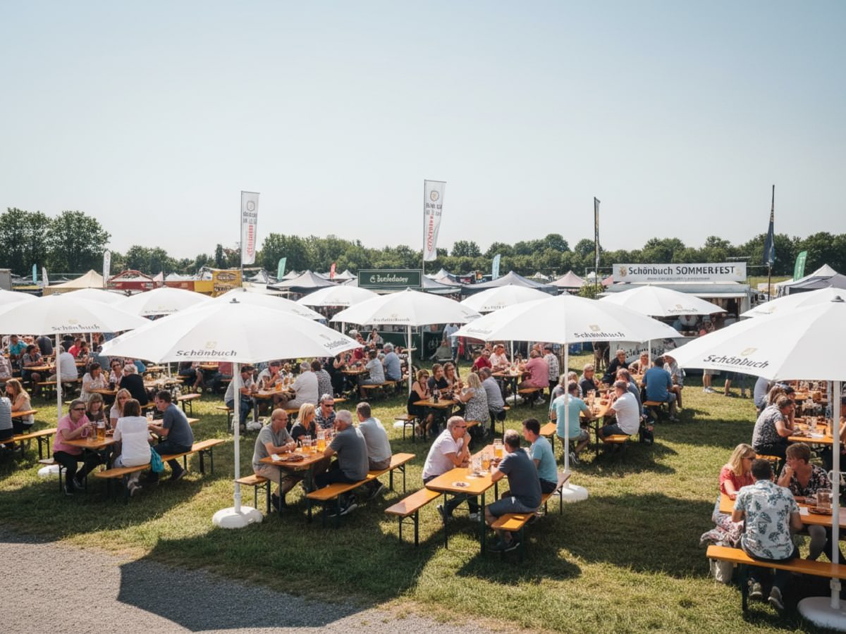 Viele Runde Werbe-Line Sonnenschirme auf einem Outdoor Event beschatten Biertische und -bänke