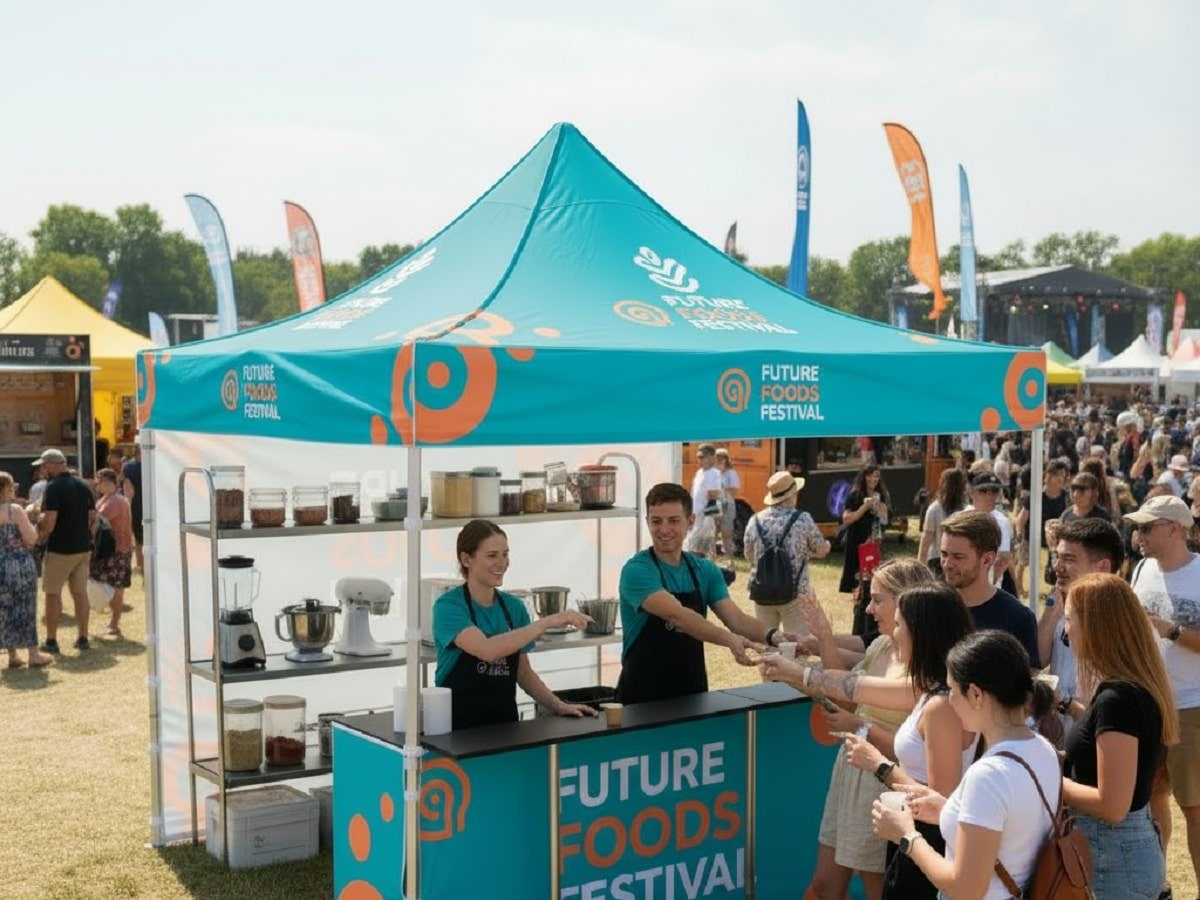 Ein Promotent auf einer Lebensmittelmesse auf dessen Theke essen ausgegeben wird