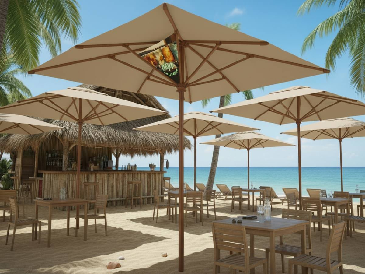 Ein SunBanner hängt in Holzsonnenschirmen an einer Strandbar und wirbt in einer Zone in der direkt bedruckte Sonnenschirme verboten sind.