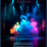 Farbwolken auf einer Bühne mit der Aufschrift "Heiß. Der Druck".