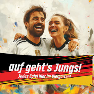 EM-weba-blog-02 Beispieldruck mit dem Titel "Auf geht's Jungs!" mit einem Schwartz, Rot, Gold Hintergrund.