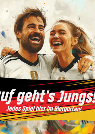 Beispieldruck mit dem Titel "Auf geht's Jungs!" mit einem Schwartz, Rot, Gold Hintergrund.