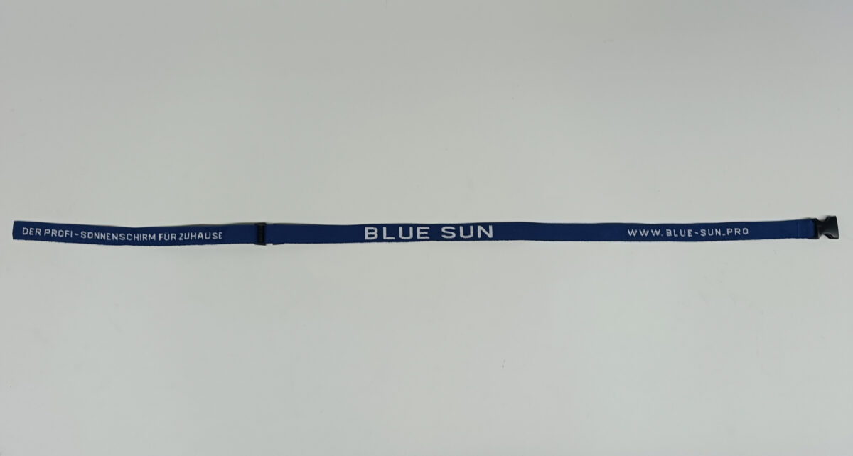 Blaues Gurtband mit Blue Sun Aufdruck für Sonnenschirm mit Schnalle