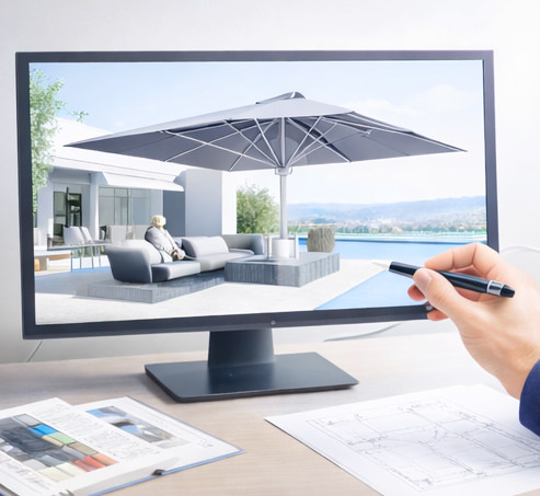 3D Visualisierung einer Sonnenschirmanlage für Terrasse oder Gastronomie