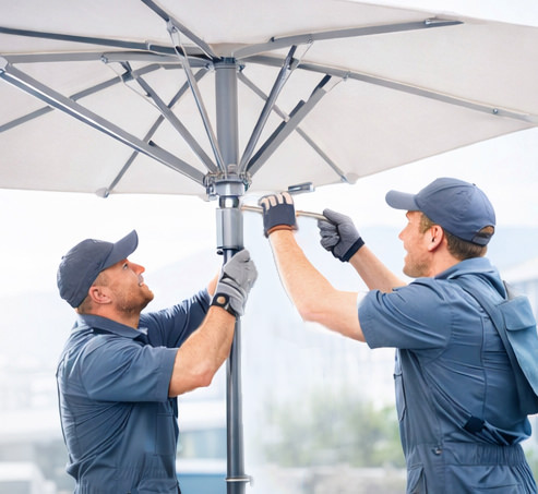 Professionelle Montage eines Großschirms durch WEBA Montageteam